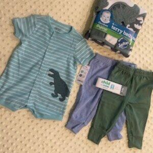 NWT Carter's Dino Outfit, 2 pairs of pants & Dino 4-piece Terry Bath Set #102
